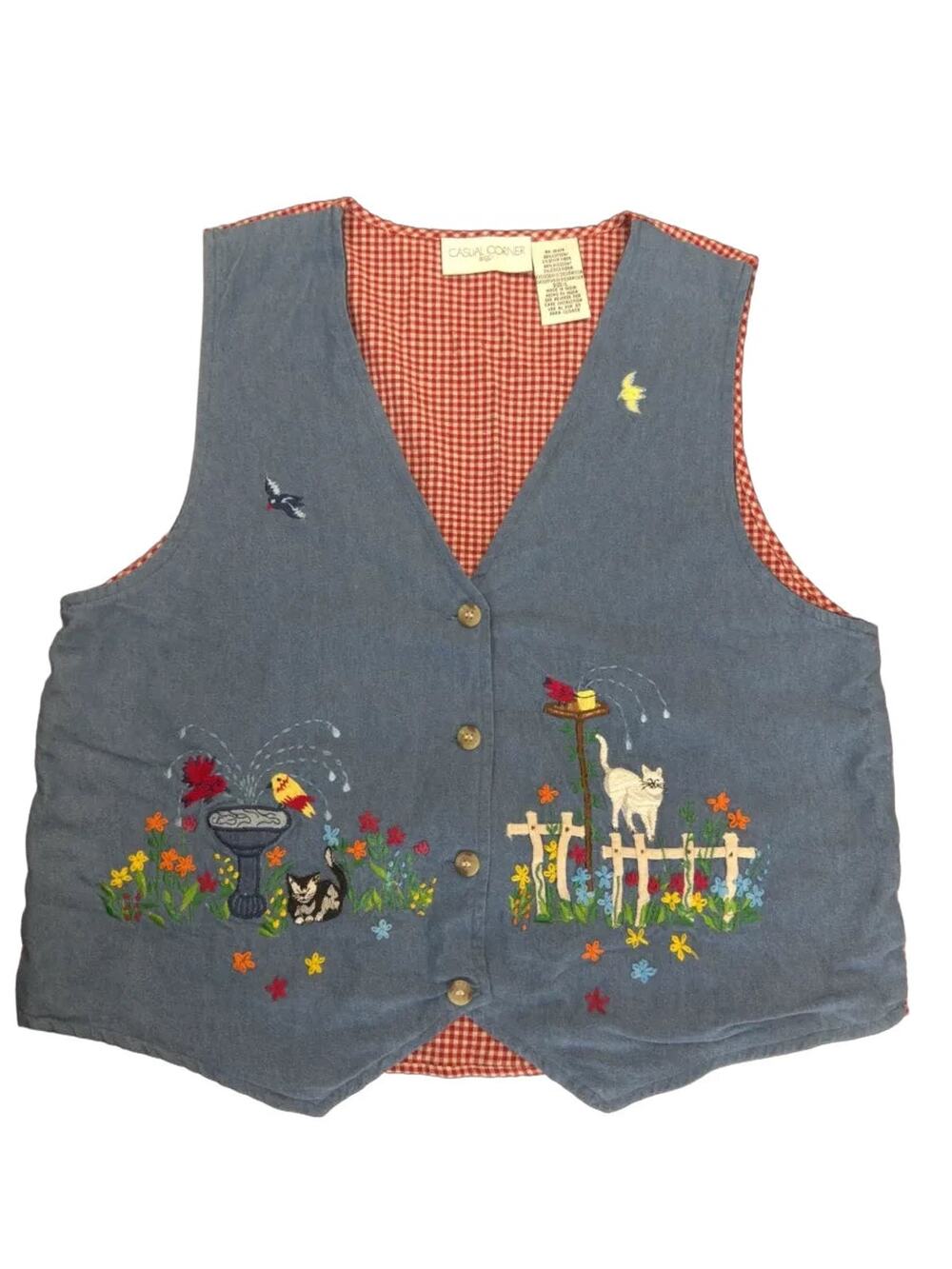 Casual Corner Denim Gingham Embroidered Garden Vest